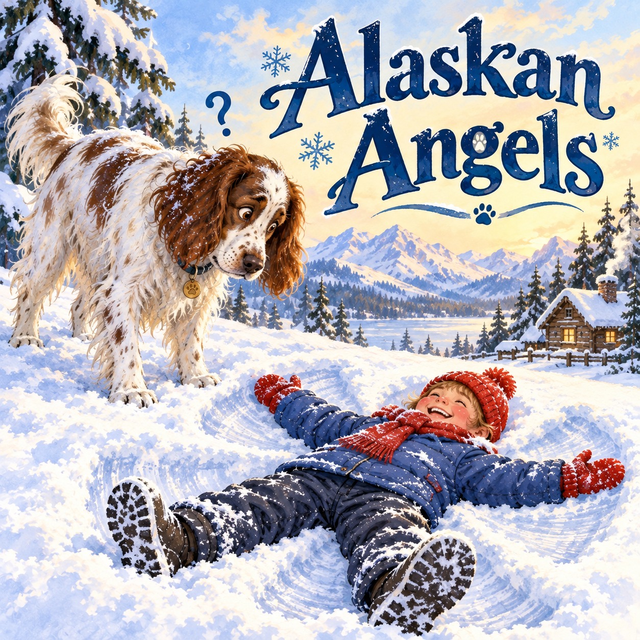 Alaskan Angels cover showing Gerald making a snow angel while Kevin watches